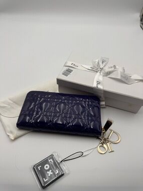 Dior Patent Quilted Zip Wallet in Deep Purple with Gold Charms